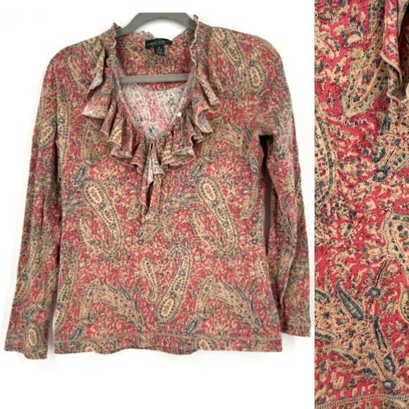 Lauren Ralph Lauren Tops - Lauren Ralph Lauren Women's Paisley Top Pink Ruffle Neck Medium Feminine